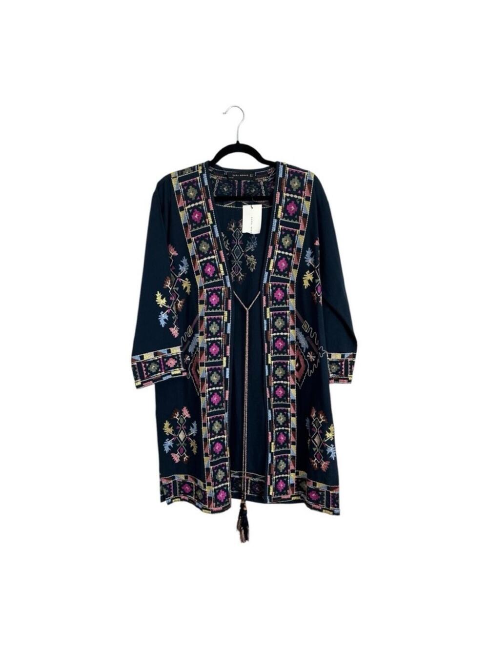 New Zara Navy Blue Geometric Embroidered Kimono Duster